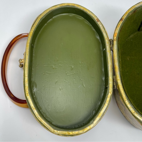 Vintage Folk Art Decoupage Box Purse | Tortoiseshell Lucite Handle | Mid-Century - Picture 10 of 14